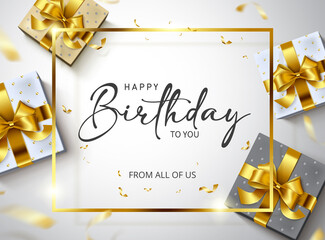 Happy birthday vector banner template. Happy birthday to you greeting text in gold frame empty space with gifts and confetti celebration elements for elegant birth day card design. Vector illustration