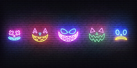 Halloween neon face icons. Set of bright face expreshions for Halloween celebration