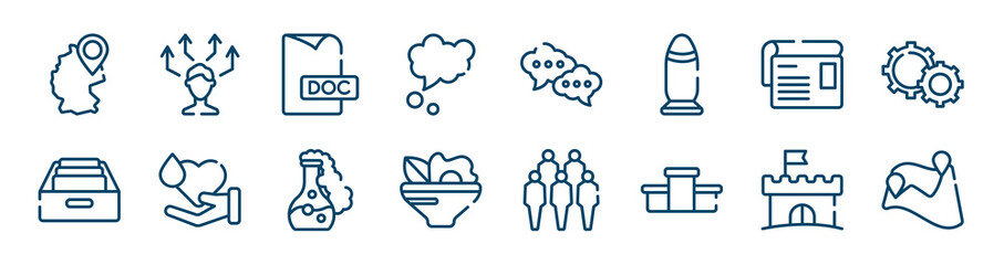icons set such as decision, dream, article, archive, chemical, castle outline vector signs. symbol, logo illustration. linear style icons set. pixel perfect vector graphics.