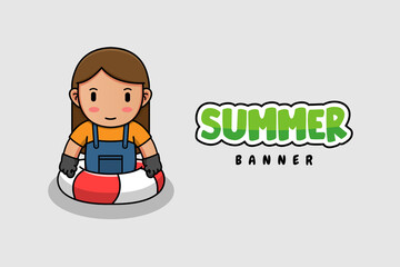 Cute farmer swimming with hello summer greeting banner