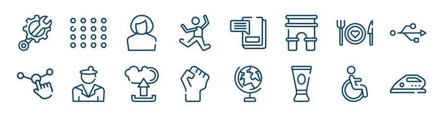 icons set such as dots, fun, healthy food, choice, upload, wheelchair outline vector signs. symbol, logo illustration. linear style icons set. pixel perfect vector graphics.