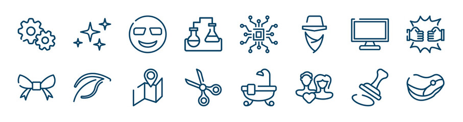 icons set such as shine, lab, monitor, bow, maps, stamp outline vector signs. symbol, logo illustration. linear style icons set. pixel perfect vector graphics.