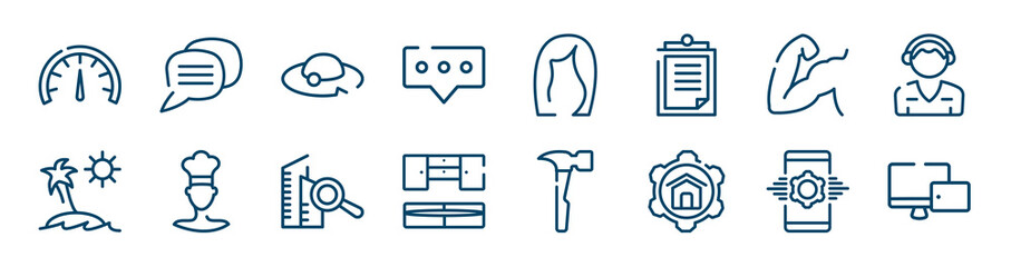 icons set such as speech bubble, welcome, muscle, beach, real estate, development outline vector signs. symbol, logo illustration. linear style icons set. pixel perfect vector graphics.
