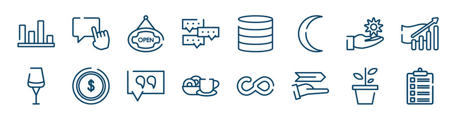 icons set such as request, conversation, buy, glass, quote, plant outline vector signs. symbol, logo illustration. linear style icons set. pixel perfect vector graphics.