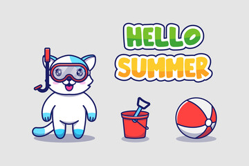 Cute cat with hello summer greeting banner