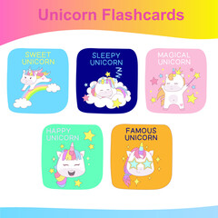 Unicorn Flashcards for Children. Cute flashcards for children. Unicorns collections flashcards. Printable game cards. Vector illustration.