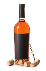 Bottle of exquisite wine and corkscrew on white background