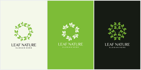 Green leaf round logo vector set, nature logo logo design template abstract green leaf symbol for holistic medicine center, yoga class, natural and organic food packaging - circle made with beautiful 