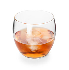 Glass of cold whiskey on white background
