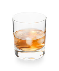Glass of cold whiskey on white background