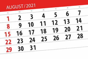 Calendar planner for the month august 2021, deadline day