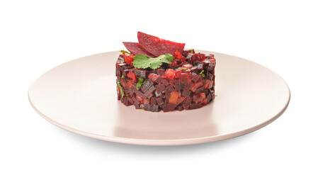 Plate with tasty tartare salad on white background