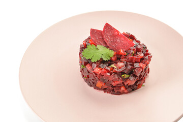 Plate with tasty tartare salad on white background
