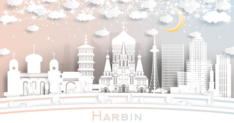 Harbin China City Skyline in Paper Cut Style with White Buildings, Moon and Neon Garland.