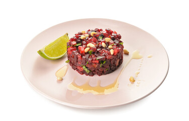 Plate with tasty tartare salad on white background