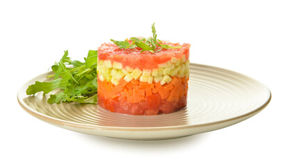 Plate with tasty tartare salad on white background