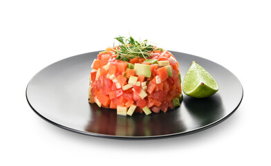 Plate with tasty tartare salad on white background