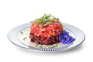 Plate with tasty tartare salad and flower on white background