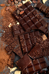 Cacao beans and chocolate on gray background.