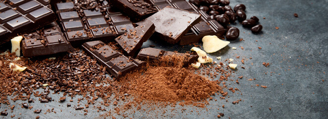 Cacao beans and chocolate on gray background.