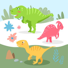 Obraz na płótnie Canvas Set of cute carnivorous and herbivorous dinosaurs on the background of nature. Vector illustration in cartoon style for kids