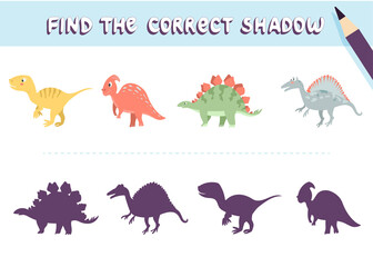 Find the correct shadow. Cute dinosaurs. Educational game for kids. Collection of children's games. Vector illustration in cartoon style