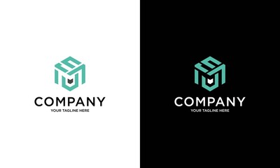 Logo with three letters EMU. hexagon logo on white and black background.