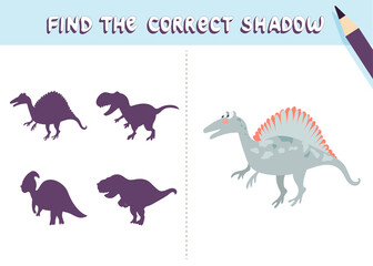 Find the correct shadow. Cute dinosaur. Educational game for kids. Collection of children's games. Vector illustration in cartoon style