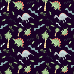 Seamless pattern with cute dinosaurs and trees on a dark background. Vector endless texture with cartoon style for childish design