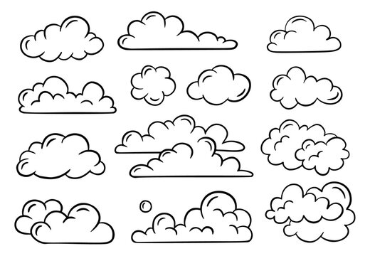 Vector set of hand-drawn clouds. Linear clouds, design collection for banner, card, poster. Hand-drawn, doodle elements isolated on white background.
