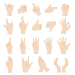 Vector flat style set of various hands gestures. Different signs and emotions. Isolated on white background.