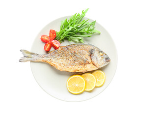 Plate with fried dorado on white background