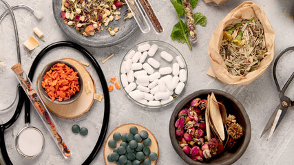 Alternative medicine variation pills and herbs. Alternative medicine variation pills and herbs. Homeopathy medicine concept.