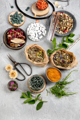 Alternative medicine variation pills and herbs. Alternative medicine variation pills and herbs. Homeopathy medicine concept.