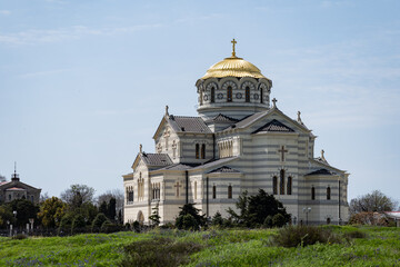 Fototapeta na wymiar St. Vladimir's Cathedral. A beautiful view of the Russian Church. Blissful landscape. The concept of peace and tranquility. Religion.