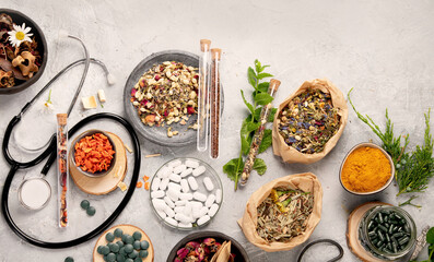 Alternative medicine variation pills and herbs. Alternative medicine variation pills and herbs. Homeopathy medicine concept.