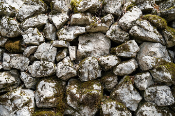 Large stones in green moss close-up. Stone texture. Nature. Background from boulders.