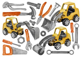 Hand drawing watercolor kids plastic toy: construction machinery and tools. Use for poster, print, card, postcard, textile, design, print, pattern, shop, market, children’s room, interior, label