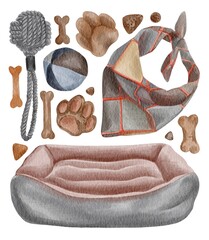 Watercolor hand drawing set of dog’s pet accessories: pet shop, bed, bandana, snacks, toys .Use for print, postcard, poster, shop, market, veterinary, pets supplies, design, textile, pattern