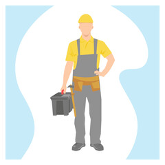 builder, plumber, Man in work clothes and yellow helmet with a suitcase of tools