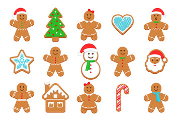 Christmas Gingerbread cookies. Classic Xmas biscuit. Noel holiday sweet dessert isolated on white background. Cute ginger bread men, tree, santa, holly, snowman and gift box. Vector illustration.