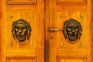 decorative lion heads on the door