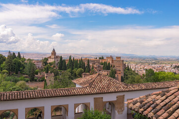Alhambra. View on Alcazaba, mountains and old city. UNESCO heritage site. Granada, Andalusia, Spain - 443954061