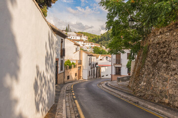 Small narrow street with white houses and abundant greenery in the old European city - 443954092