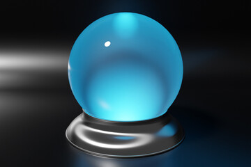 3D illustration of a transparent glass  ball, crystals scatter   on a  black background under a white neon light. Glass empty magic ball.