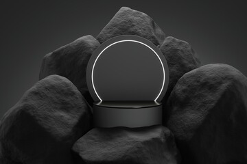 Black stone podium display. Trendy, minimalist, nature rock formation with pedestal for showcasing cosmetic and beauty products for a banner or advertisement - 3D render