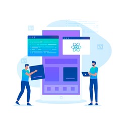 Flat illustration of react native programmer concept. Illustration for websites, landing pages, mobile applications, posters and banners. - obrazy, fototapety, plakaty