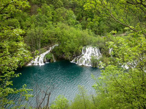 waterfall and lake landscape of Plitvice Lakes National Park, UNESCO natural world heritage and famous travel destination of Croatia. The lakes are located in central Croatia. nature travel background