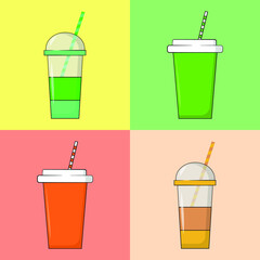 Vector illustration of four multi-colored disposable cups with lid and straw on a colorful  background