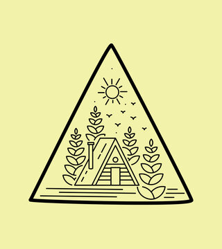 recommend clip art: lodge design in the middle of the forest in monoline art style, badge design, T-shirt Art, Tee design